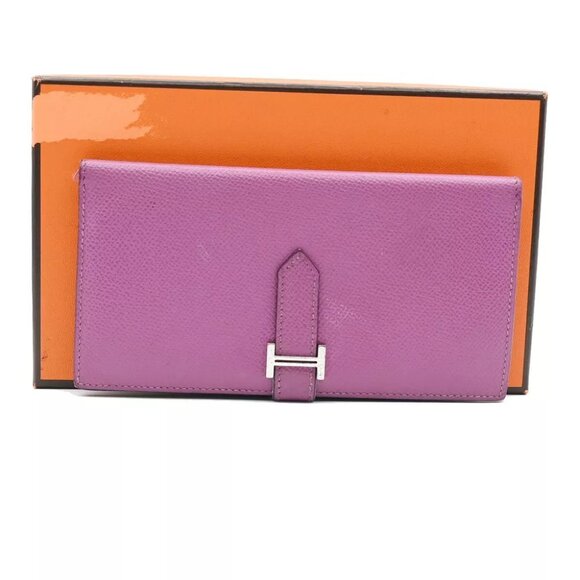 HERMES Logos Bearn Long Bifold Wallet Purse ▢I Veau Epsom Leather Purple 81RJ834 - Picture 1 of 16